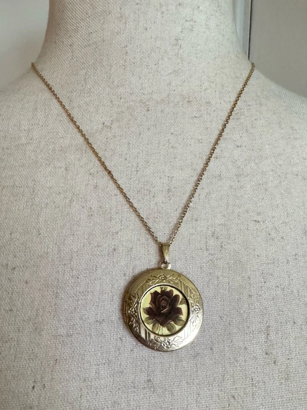 Vintage Gold Locket Necklace with Burgundy Rose Motif